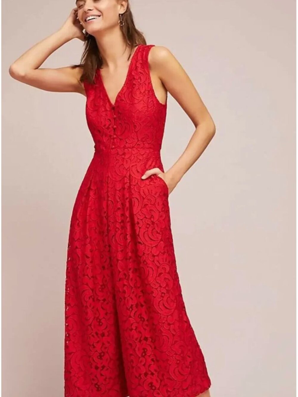 Anthropologie Moulinette Soeurs Red Lace Jumpsuit